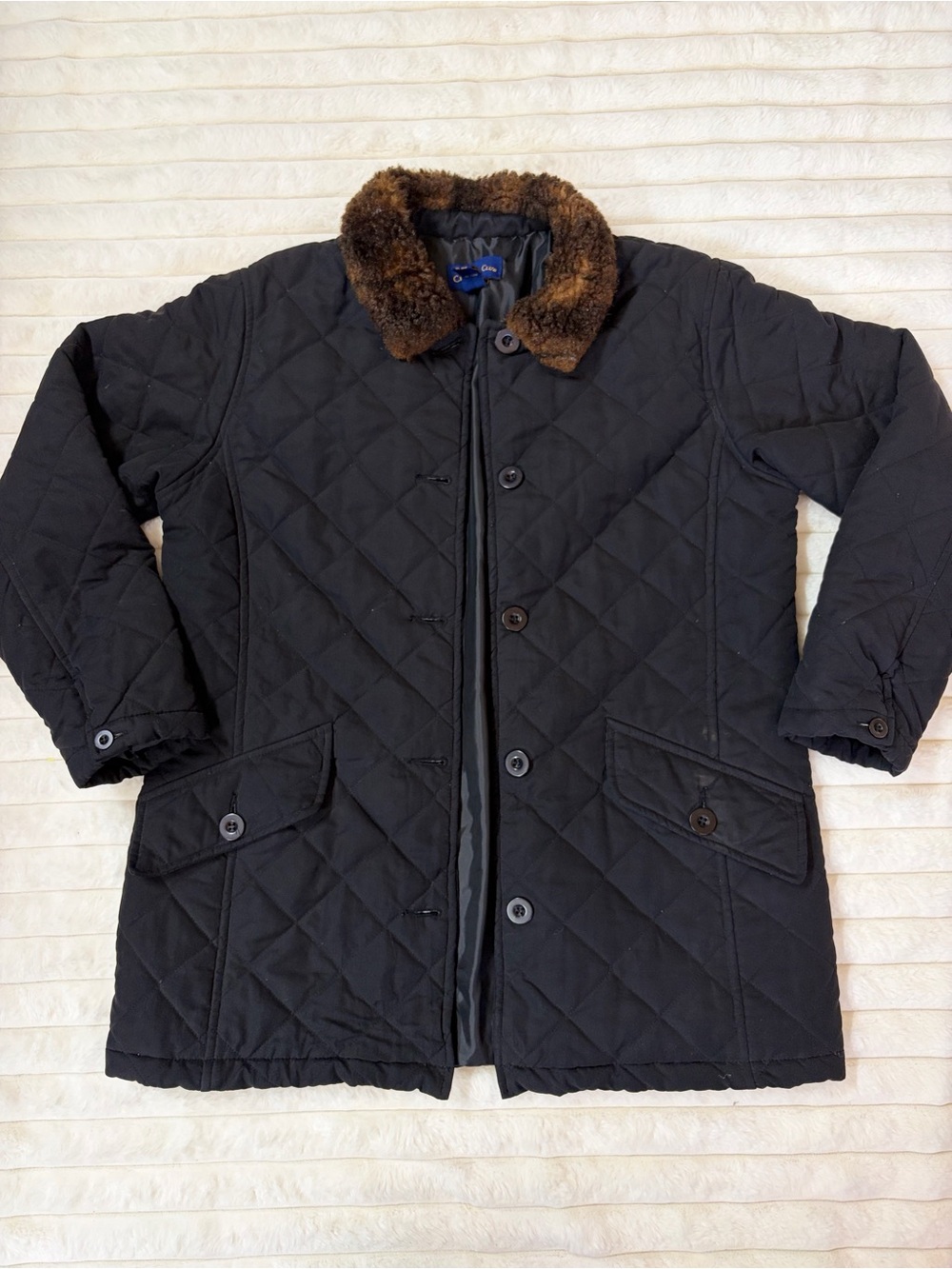 Charter Club Black Quilted Jacket Faux Fur Collar Button Front Medium
